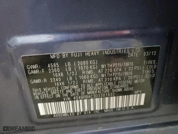 2013 Subaru Outback 2.5i with VIN 4S4BRBAC3D3301932, listed as a Copart auction lot 49577665 with 138,301 mi miles and Salvage Title. Bid and sale history available at carsss.com. Image 13.
