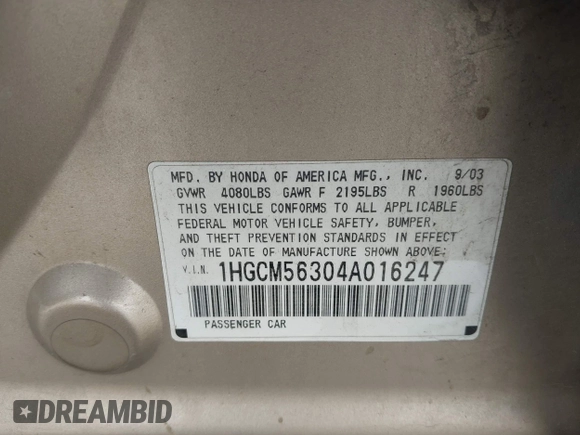 2004 Honda Accord LX with VIN 1HGCM56304A016247, listed as a IAAI auction lot 42508342 with 178,787 mi miles and . Bid and sale history available at DreamBid. Image 9.