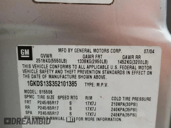 2005 GMC Envoy SLT with VIN 1GKDS13S352101385, listed as a Copart auction lot 89271025 with 165,670 mi miles and Salvage Title. Bid and sale history available at carsss.com. Image 15.
