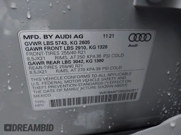 2022 Audi SQ5 Premium Plus with VIN WA1B4AFY0N2042917, listed as a IAAI auction lot 41509774 with 39,851 mi miles. Bid and sale history available at carsss.com. Image 9.