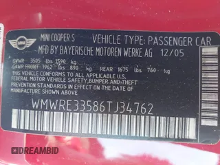 2006 MINI Hardtop S with VIN WMWRE33586TJ34762, listed as a IAAI auction lot 42255599 with 112,664 mi miles and . Bid and sale history available at DreamBid. Image 9.