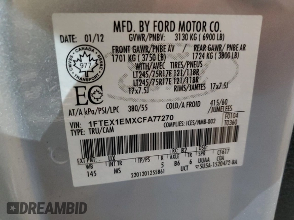 2012 Ford F-150 XL with VIN 1FTEX1EMXCFA77270, listed as a Copart auction lot 88962665 with 72,907 mi miles and Salvage Title. Bid and sale history available at carsss.com. Image 12.