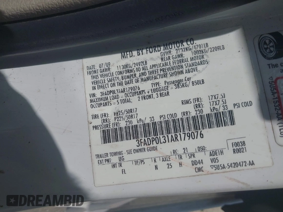 2010 Ford Fusion Hybrid with VIN 3FADP0L31AR179076, listed as a IAAI auction lot 42427753 with 240,938 mi miles and . Bid and sale history available at DreamBid. Image 9.