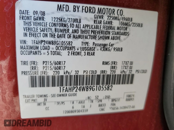 2009 Ford Taurus SEL with VIN 1FAHP24W89G105582, listed as a Copart auction lot 46047985 with 52,087 mi miles and Salvage Title. Bid and sale history available at carsss.com. Image 14.