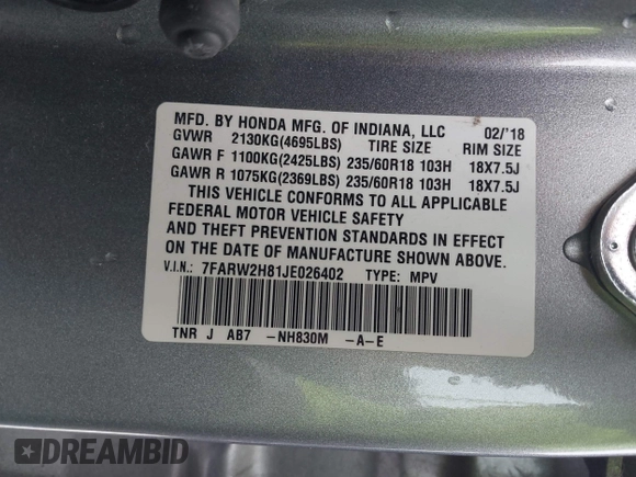 2018 Honda CR-V EX-L with VIN 7FARW2H81JE026402, listed as a IAAI auction lot 41629692 with 102,556 mi miles. Bid and sale history available at carsss.com. Image 9.
