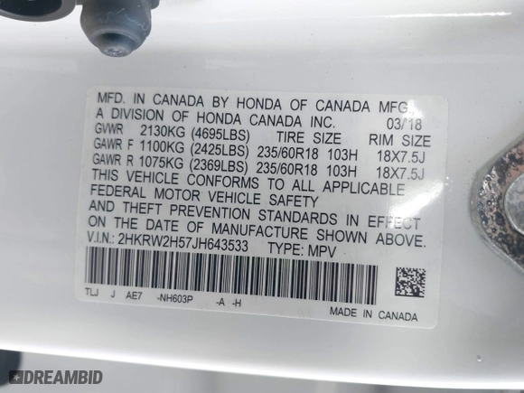 2018 Honda CR-V EX with VIN 2HKRW2H57JH643533, listed as a IAAI auction lot 41655831 with 59,333 mi miles. Bid and sale history available at carsss.com. Image 9.