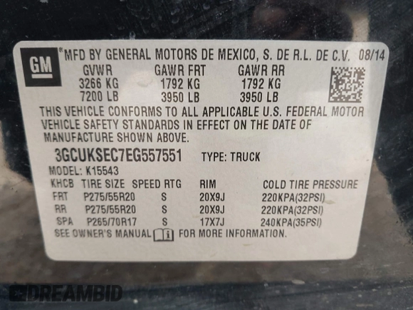 2014 Chevrolet Silverado 1500 LTZ with VIN 3GCUKSEC7EG557551, listed as a IAAI auction lot 41936077 with 227,097 mi miles and . Bid and sale history available at DreamBid. Image 9.