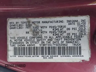 2000 Toyota Tundra SR5 z VIN 5TBRT3417YS053962, wystawiony jako IAAI lot #42051203 z przebiegiem 165 584 mil mil oraz . Historia ofert i sprzedaży dostępna na DreamBid. Obrazek 9.