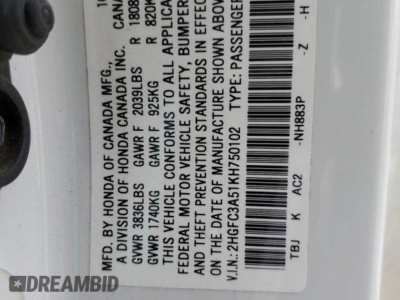 2019 Honda Civic Si with VIN 2HGFC3A51KH750102, listed as a Copart auction lot 52015295 with 65,824 mi miles and Salvage Title. Bid and sale history available at DreamBid. Image 12.