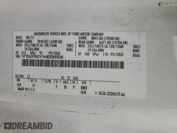 2017 Ford F-550 XL z VIN 1FDUF5GY1HEE85526, wystawiony jako Copart lot #72215834 z przebiegiem 90 996 mil mil oraz Szkoda całkowita • Salvage title. Historia ofert i sprzedaży dostępna na DreamBid. Obrazek 13.