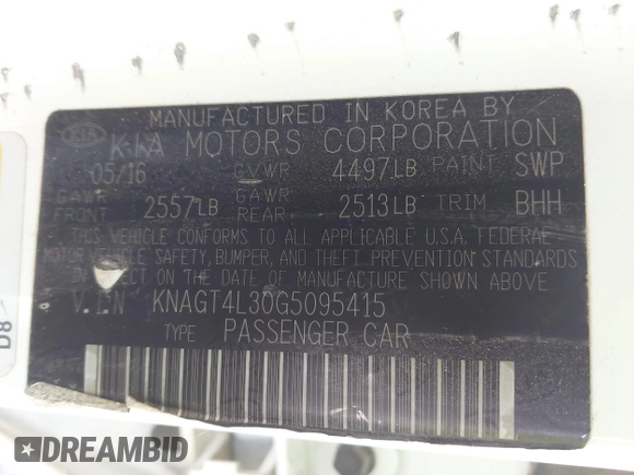 2016 Kia Optima LX z VIN KNAGT4L30G5095415, wystawiony jako IAAI lot #41964937 z przebiegiem 67 303 mil mil oraz . Historia ofert i sprzedaży dostępna na DreamBid. Obrazek 9.
