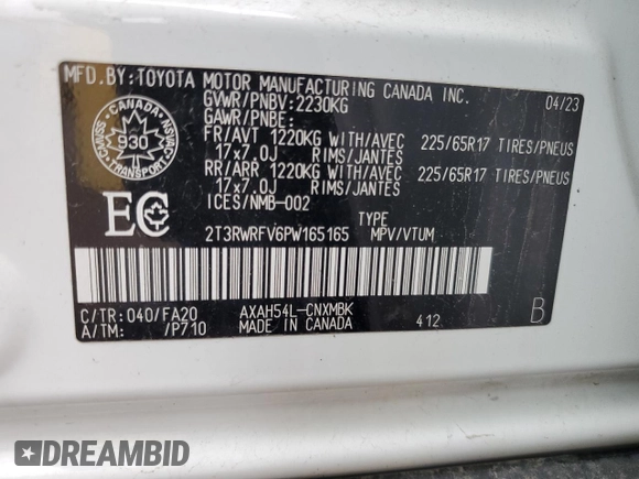 2023 Toyota RAV4 Hybrid XLE with VIN 2T3RWRFV6PW165165, listed as a Copart auction lot 59011275 with 64,740 mi miles and Clean title. Bid and sale history available at DreamBid. Image 13.