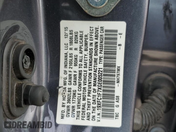2016 Honda Civic EX-L with VIN 19XFC1F7XGE005221, listed as a Copart auction lot 45102294 with Not provided miles and Salvage title. Bid and sale history available at DreamBid. Image 12.