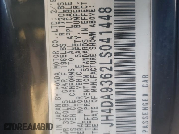 1990 Acura Integra with VIN JH4DA9362LS041448, listed as a Copart auction lot 87809485 with 99,463 mi miles and Non repairable. Bid and sale history available at DreamBid. Image 12.