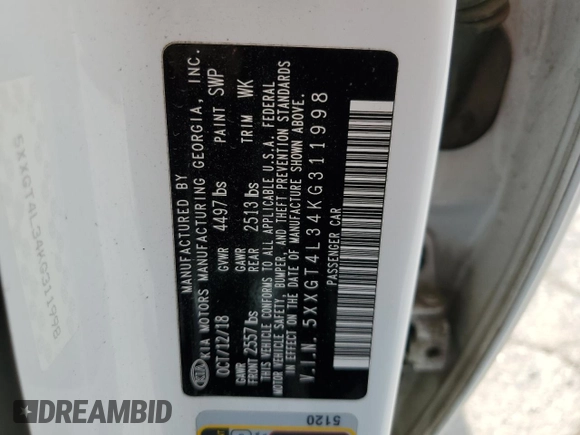 2019 Kia Optima LX with VIN 5XXGT4L34KG311998, listed as a Copart auction lot 56686955 with 135,484 mi miles and Salvage title. Bid and sale history available at DreamBid. Image 13.
