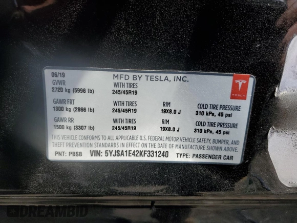 2019 Tesla Model S 100D with VIN 5YJSA1E42KF331240, listed as a Copart auction lot 54713975 with 43,940 mi miles and Salvage title. Bid and sale history available at DreamBid. Image 14.
