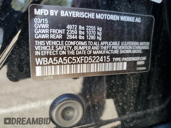 2015 BMW 5 Series 528i with VIN WBA5A5C5XFD522415, listed as a Copart auction lot 52563095 with 81,979 mi miles and Salvage Title. Bid and sale history available at carsss.com. Image 12.
