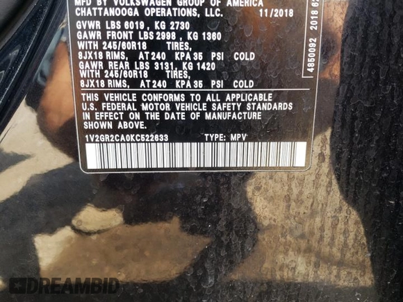 2019 Volkswagen Atlas S with VIN 1V2GR2CA0KC522633, listed as a Copart auction lot 65243734 with 91,242 mi miles and Salvage title. Bid and sale history available at DreamBid. Image 13.