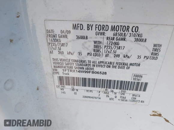 2009 Ford F-150 STX with VIN 1FTRX14W99FB06528, listed as a IAAI auction lot 41530775 with 459,021 mi miles. Bid and sale history available at carsss.com. Image 9.