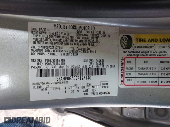 2012 Ford Fusion S with VIN 3FAHP0GA3CR127140, listed as a IAAI auction lot 42127986 with 83,447 mi miles and . Bid and sale history available at carsss.com. Image 9.
