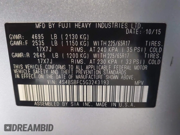 2016 Subaru Outback Premium with VIN 4S4BSBFC5G3243193, listed as a IAAI auction lot 41544032 with 59,697 mi miles and . Bid and sale history available at DreamBid. Image 9.