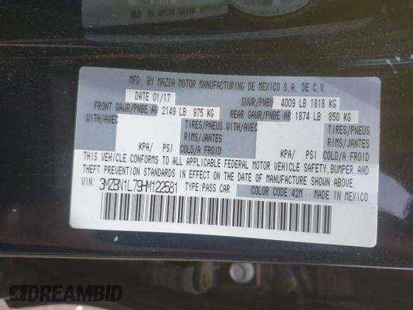 2017 Mazda 3 Touring with VIN 3MZBN1L79HM122581, listed as a IAAI auction lot 42705624 with 52,175 mi miles and . Bid and sale history available at DreamBid. Image 9.