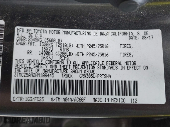 2017 Toyota Tacoma SR5 с VIN 3TMCZ5AN2HM108445, выставлен на аукционе IAAI как лот 42074101 с пробегом 193 220 миль миль и . История ставок и продаж доступна на DreamBid. Изображение 9.