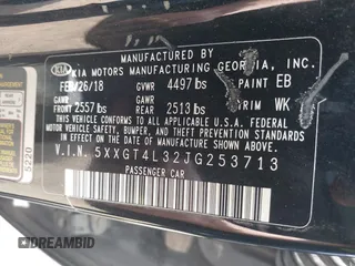 2018 Kia Optima LX with VIN 5XXGT4L32JG253713, listed as a IAAI auction lot 42172918 with 145,338 mi miles. Bid and sale history available at carsss.com. Image 9.