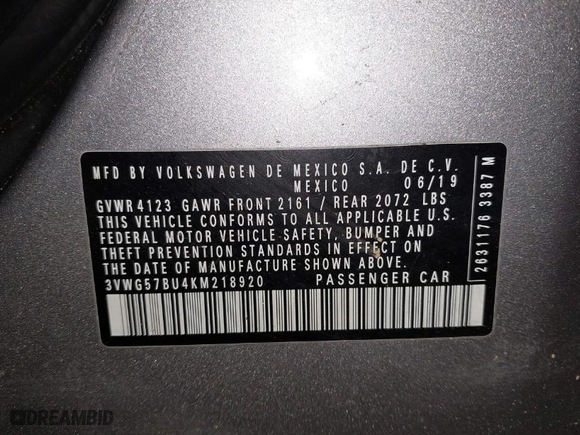 2019 Volkswagen Jetta SEL Premium with VIN 3VWG57BU4KM218920, listed as a IAAI auction lot 41409740 with 52,549 mi miles. Bid and sale history available at carsss.com. Image 9.