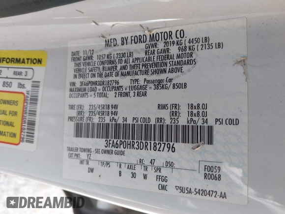 2013 Ford Fusion SE with VIN 3FA6P0HR3DR182796, listed as a IAAI auction lot 42147273 with 121,815 mi miles and . Bid and sale history available at DreamBid. Image 9.