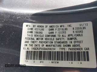 2013 Honda Accord Sdn EX-L with VIN 1HGCR2F80DA098234, listed as a IAAI auction lot 42074052 with 183,567 mi miles. Bid and sale history available at carsss.com. Image 9.