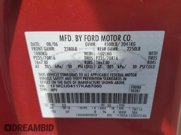 2007 Ford Escape Limited with VIN 1FMCU04117KA67060, listed as a Copart auction lot 78169454 with 134,663 mi miles and Salvage title. Bid and sale history available at DreamBid. Image 13.