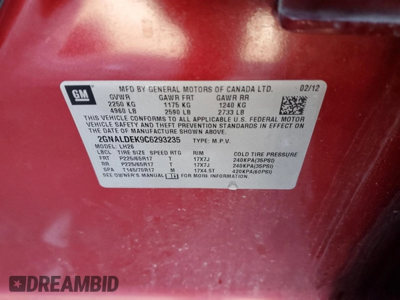 2012 Chevrolet Equinox 1LT z VIN 2GNALDEK9C6293235, wystawiony jako Copart lot #52142735 z przebiegiem 174 653 mil mil oraz Szkoda całkowita • Salvage title. Historia ofert i sprzedaży dostępna na DreamBid. Obrazek 15.
