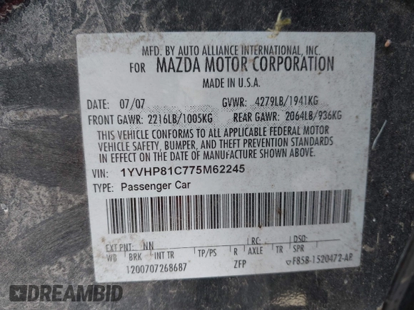 2007 Mazda 6 i Grand Touring with VIN 1YVHP81C775M62245, listed as a IAAI auction lot 42593590 with 229,618 mi miles and . Bid and sale history available at DreamBid. Image 9.