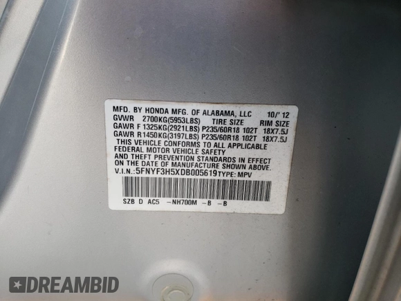 2013 Honda Pilot EX-L with VIN 5FNYF3H5XDB005619, listed as a Copart auction lot 86351994 with 117,864 mi miles and Salvage Title. Bid and sale history available at DreamBid. Image 15.