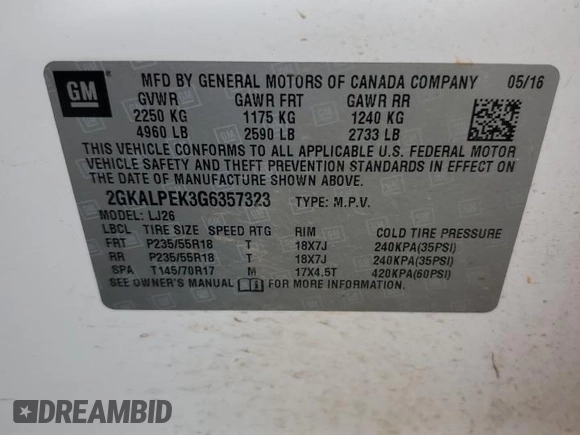2016 GMC Terrain SLT z VIN 2GKALPEK3G6357323, wystawiony jako Copart lot #55359785 z przebiegiem 148 764 mil mil oraz Szkoda całkowita • Salvage title. Historia ofert i sprzedaży dostępna na DreamBid. Obrazek 13.