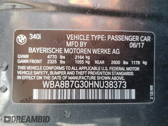 2017 BMW 3 Series 340i xDrive with VIN WBA8B7G30HNU38373, listed as a Copart auction lot 58005335 with 69,904 mi miles and Salvage title. Bid and sale history available at DreamBid. Image 13.