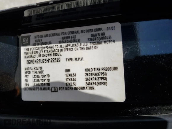 2003 Hummer H2 with VIN 5GRGN23U73H122529, listed as a Copart auction lot 50157934 with 0 mi miles and Salvage Title. Bid and sale history available at carsss.com. Image 13.
