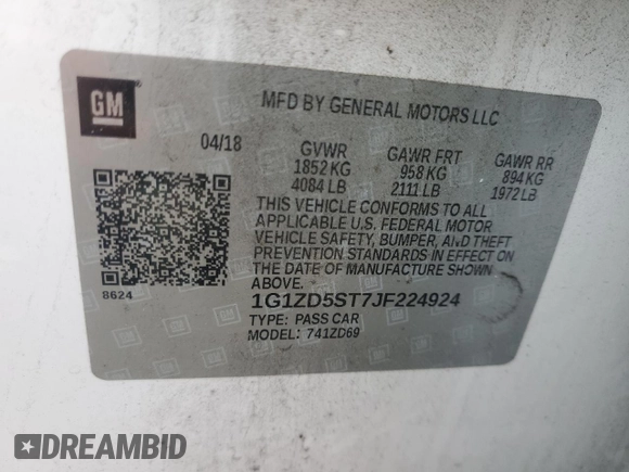 2018 Chevrolet Malibu LT with VIN 1G1ZD5ST7JF224924, listed as a Copart auction lot 54957495 with 193,543 mi miles and Clean Title. Bid and sale history available at DreamBid. Image 12.