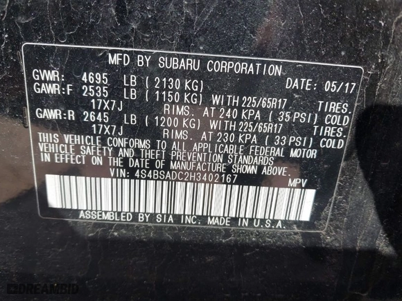 2017 Subaru Outback Premium with VIN 4S4BSADC2H3402167, listed as a IAAI auction lot 41795830 with 102,228 mi miles. Bid and sale history available at carsss.com. Image 9.