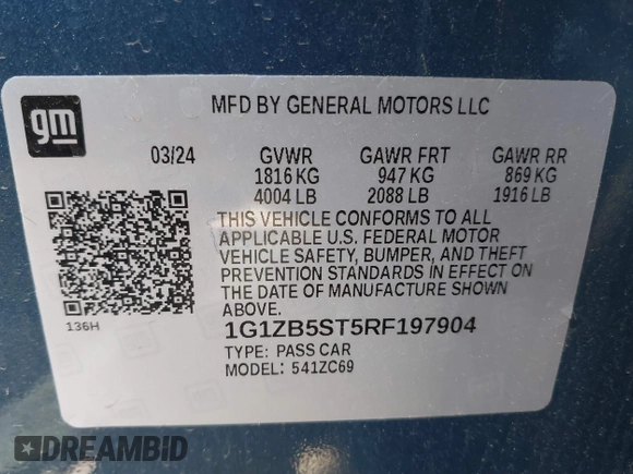 2024 Chevrolet Malibu LS with VIN 1G1ZB5ST5RF197904, listed as a IAAI auction lot 42033314 with 15,393 mi miles and . Bid and sale history available at DreamBid. Image 9.