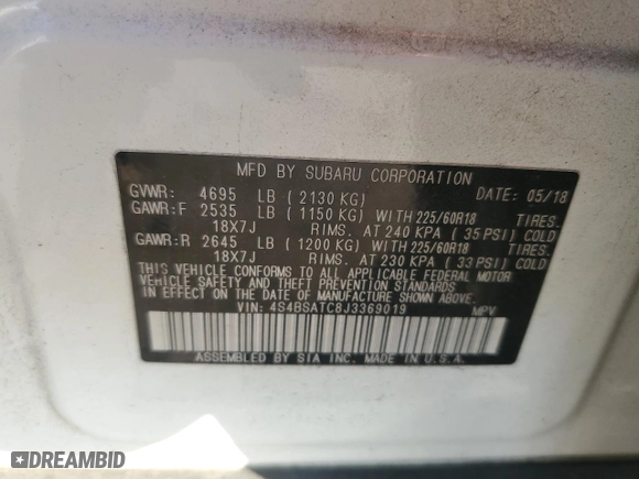 2018 Subaru Outback Touring with VIN 4S4BSATC8J3369019, listed as a Copart auction lot 42527715 with 87,082 mi miles and Salvage Title. Bid and sale history available at carsss.com. Image 12.