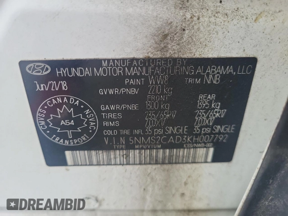 2019 Hyundai Santa Fe SE z VIN 5NMS2CAD3KH007792, wystawiony jako Copart lot #55074425 z przebiegiem 144 241 mil mil oraz Szkoda całkowita • Salvage title. Historia ofert i sprzedaży dostępna na DreamBid. Obrazek 13.