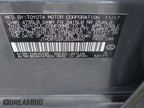 2018 Lexus IS 300 with VIN JTHC81D2XJ5026860, listed as a IAAI auction lot 42183444 with 58,972 mi miles and . Bid and sale history available at DreamBid. Image 9.