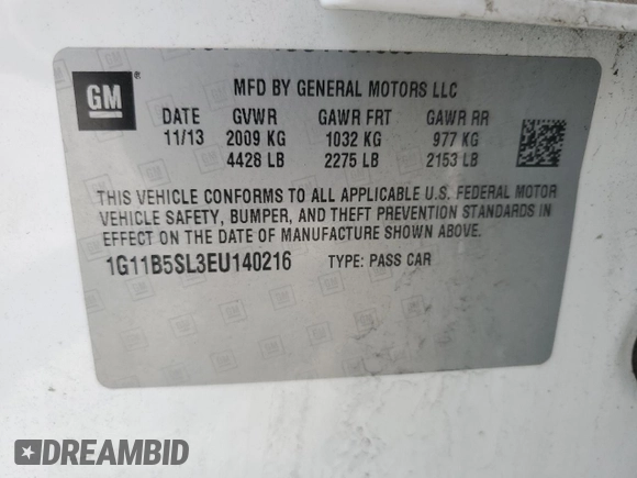 2014 Chevrolet Malibu LS with VIN 1G11B5SL3EU140216, listed as a Copart auction lot 54949105 with 108,363 mi miles and Salvage Title. Bid and sale history available at DreamBid. Image 12.