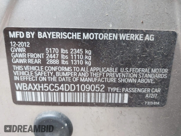 2013 BMW 5 Series 528i xDrive with VIN WBAXH5C54DD109052, listed as a IAAI auction lot 42054381 with 145,931 mi miles. Bid and sale history available at carsss.com. Image 9.