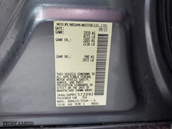 2015 Nissan Altima 2.5 S with VIN 1N4AL3AP9FC572092, listed as a IAAI auction lot 40840767 with 67,180 mi miles. Bid and sale history available at carsss.com. Image 9.