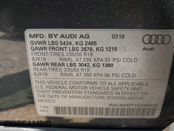 2019 Audi Q5 Premium with VIN WA1ANAFY1K2086400, listed as a IAAI auction lot 42483269 with 83,062 mi miles and . Bid and sale history available at DreamBid. Image 9.