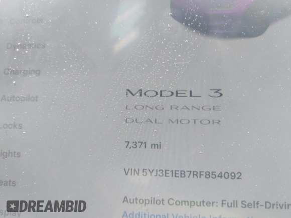 2024 Tesla Model 3 Long Range with VIN 5YJ3E1EB7RF854092, listed as a IAAI auction lot 41697646 with 7,371 mi miles and . Bid and sale history available at DreamBid. Image 15.