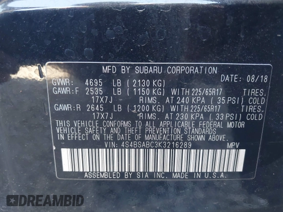 2019 Subaru Outback with VIN 4S4BSABC3K3216289, listed as a IAAI auction lot 42300515 with Not provided miles and . Bid and sale history available at DreamBid. Image 9.